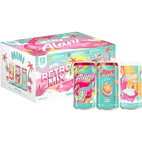Alani Nu RETRO VARIETY PACK (Sherbet Swirl, Juicy Peach and Cherry Twist), Low Calorie Energy Drinks, 100mg Caffeine, Biotin, B Vitamins, Zero Sugar, 10 Calories or Less, 8 Fl Oz Cans, 12 Pack