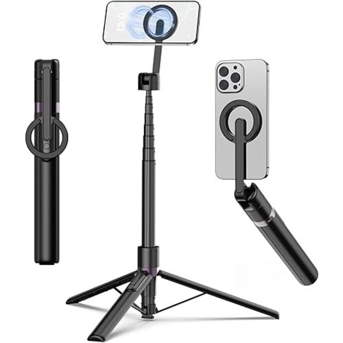 TONEOF 68" Magnetic Selfie Stick Tripod with Aluminum Strong Magnetic Holder for Magsafe, 360° Rotatable Travel Phone Tripod Stand with Metal Ring & Rechargeable Remote for iPhone/Android（Black）