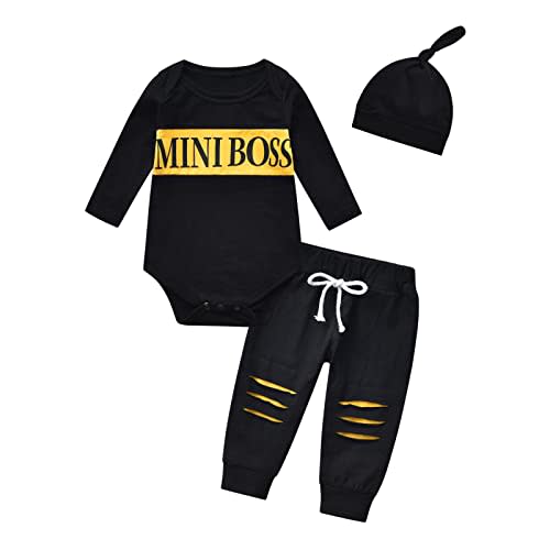 KuKitty Newborn Infant Baby Boy Clothes Long Sleeve Mini Boss Romper + Pants + Hat 3PCS Outfits Set (0-3 Months) Black