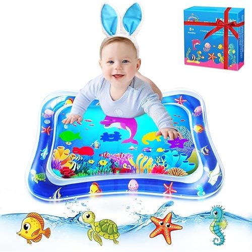 ZMLM Baby Tummy Time Water Mat for Babies, Baby Toys Gifts for Newborn Infant 3 6 9 12 Month Boy Girl Easter Basket Stuffers Inflatable Activity Play Sensory Mat Toddler(Blue)