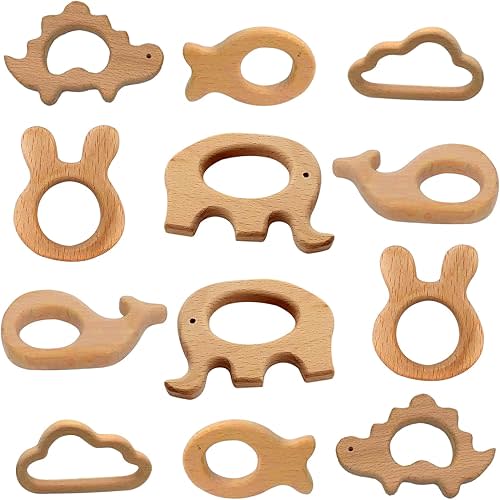 12-Pcs Baby Teether Toys,Wooden Teethers for Babies - Wooden Animal Toys, Teething Rings, Toddler Chew Toys,Baby Teething Rings and Wooden Teether Set-Suitable for Children Over 36 Months