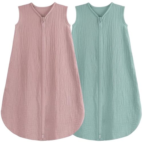 2 Pack Baby Sleep Sack 0-6 Months 100% Organic Cotton Muslin Baby Sleeping Bag 2-Way Zipper Toddler Wearable Blankets Comfy Stretchy Thin Sleep Sacks