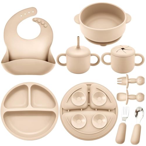 Silicone Baby Feeding Set, Baby Led Weaning Supplies, Eating Essentials Utensils with Suction Plate and Bowl, Pocket Bib, Sippy Cup with Lid, Forks Spoons Snack Container, for 6+ Months, Beige
