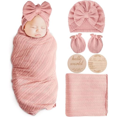 AQOKKA Newborn Receiving Blanket with Bow Hat Mittens Wooden Card Set Wheat-Pattern Newborns Toddler Baby Boy Girl Nursery Swaddle Wrap