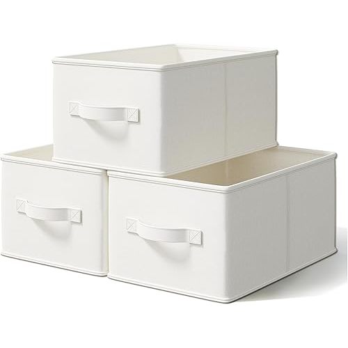 3 Pack Fabric Storage Bins for Shelves | 14¾" L*10¼" W*8¼" H Closet Storage Bins | Collapsible Closet Organizers for Clothes | Linen Clothes Bins | White & Ivory