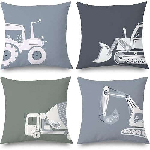 Construction Truck Pillow Covers 18x18 Set of 4,Construction Room Decor for Boys, Construction Truck Decor for Toddler Boys Room Bedroom Playroom Nursery