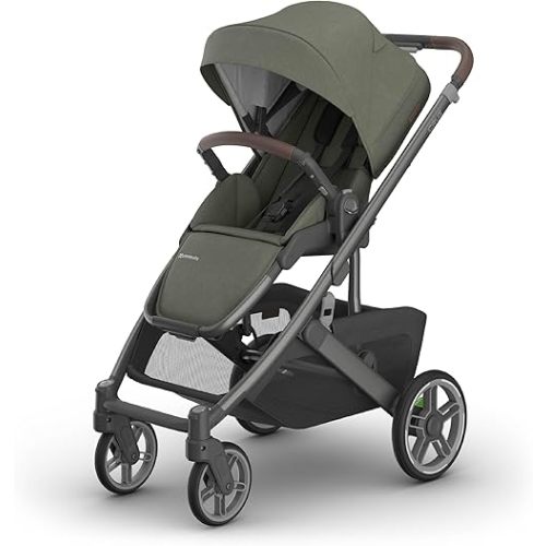 UPPAbaby Cruz V3 Stroller - from Birth + Car Seat Compatible - Full-Size, Reversible Seat - Infant Insert, Bug and Rain Shields Included - Evelyn (Meadow Green/Graphite Frame/Chestnut Leather)
