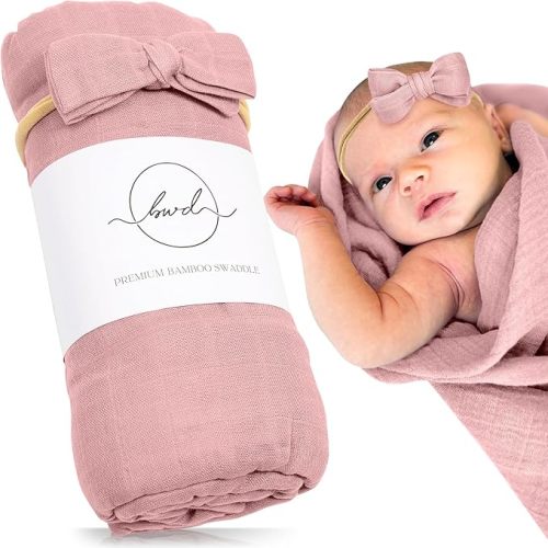 BWD Baby Swaddle Blanket – Ultra-Soft Bamboo Viscose & Organic Cotton Muslin – Lightweight, Breathable, Stretchy – Newborn Essential 47" (Rosewood)