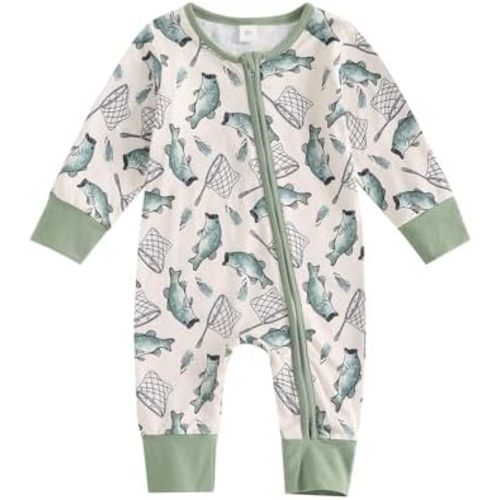 Newborn Baby Boy Girl Fishing Outfit Long Sleeve Zipper Fish Print Romper Jumpsuit Infant Coming Home Clothes