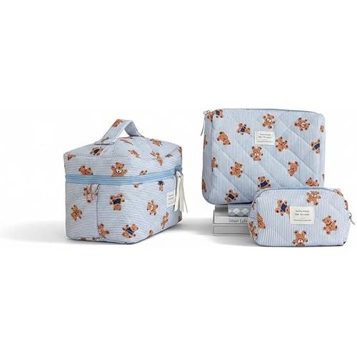 Women Adorable Quilted Fabric Cosmetic Bag Set, 3-Piece Cartoon Bear Makeup Organizer with Zipper, Easy Travel Home Storage (Blue)