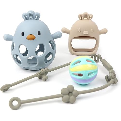 Baby Sensory 4-Piece Teething Toy Set: Hollow Chicken Teether, Mittens, Rattle Ball & Strap | Silicone Teethers for Babies | Baby Teething Toys 6-Months (Blue/Beige)