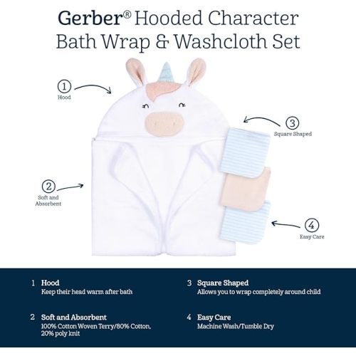 Gerber Baby 4 Piece Animal Character Hooded Towel and Washcloth Set, White Unicorn, One Size