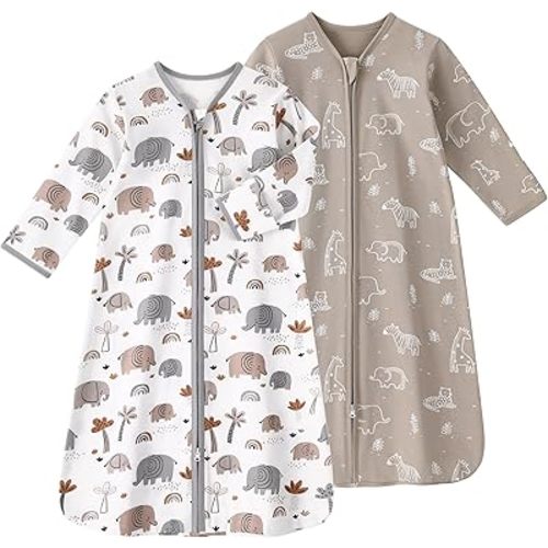Baby Sleep Sack 0-6 Months, Long Sleeve Baby Wearable Blanket 0.5 Tog with Mittens, 2-Way Zipper Newborn Cotton Sleeping Sack for Boy and Girl Grey Elephant 2 Pack (Small)