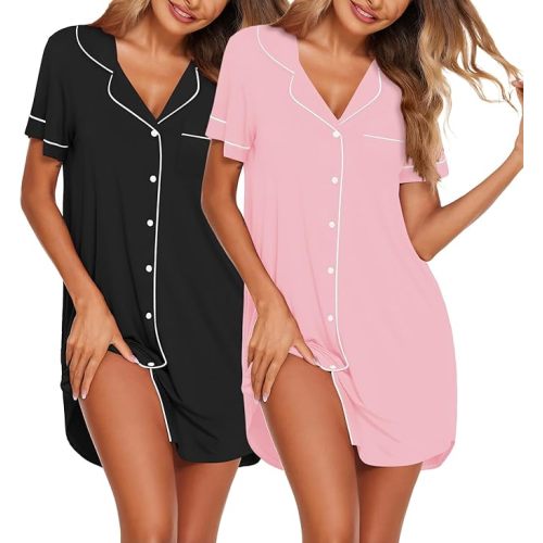 Ekouaer Nightgowns for Women 2 Pack Button Down Sleepwear Short Sleeve Sleepshirts Soft Nightshirts Boyfriend Pajama Dress