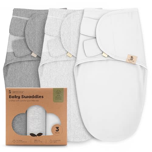 Sweety Fox 3-Pack Organic Baby Swaddle Sleep Sacks - Swaddles for Newborns, Infant 0-3 Months, Baby Girls, Boys, Soft & Snug Newborn Sleep Sack, Nursery Swaddling Blankets, Velcro Closure (Mist)