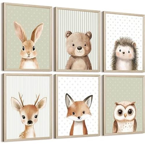 Woodland Animal Nursery Wall Art Decor Baby Kids Canvas Poster Safari Animal Wall Decor Jungle Forest Prints Bear Fox Deer Pictures Sage Green Painting Neutral Artwork for Bedroom 8x10x6 Inch Framed