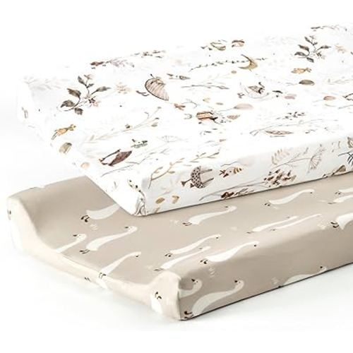 GRSSDER Stretch Ultra Soft Jersey Knit Changing Pad Cover Set 2 Pack, Change Table Pad Covers Fit 32"/34" x 16" Pads Safe and Snug, Pretty Pattern for Baby, Happy Party