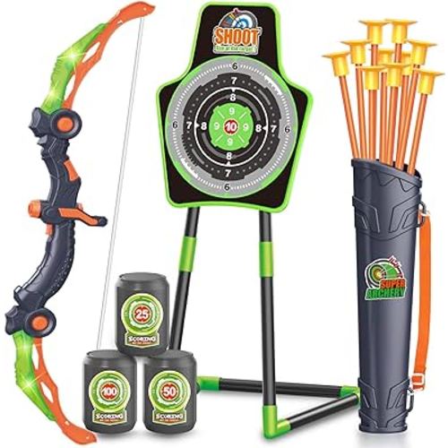 SpringFlower 2 Bow and Arrow Sets with LED Light-up,2 Foam Dart Guns for Kids 5 6 7 8 9 10+ Years Old, Archery Set with Standing Target for Boys & Girl, Ideal Gift