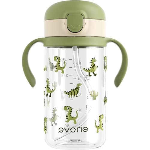 Evorie Tritan Spill Proof Toddler Straw Sippy Cup, 10 oz for Baby and Toddlers 1-3 Years Old, No Spill Straw Water Bottle with Removable Handles, Ideal for School, BPA-Free, Green Dino (New)