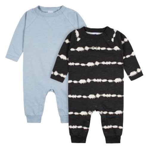 Gerber Baby Boys' Raglan Sleeve Romper, 2-pack, Dark Gray Tie Dye & Blue Solid, 0-3 Months