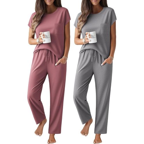 Ekouaer 2 Packs Pajamas for Women Set Cap Sleeve Top and Pants Lounge Set