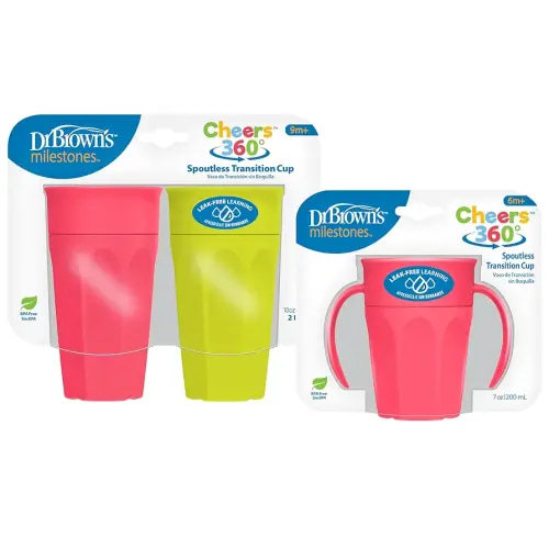 Dr. Brown's Milestones Cheers360 Spoutless Transition Cup Bundle, 2 Pack 10 oz/300mL & 7 oz/200mL, Pink