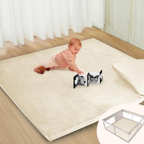 Baby Play Mat, Leather & Velvet Mat with Baby Book, Double-Sided/Reversible Mat, 50x50 Playpen Mat, 1.3" Thick Non-Toxic Cushioned, Waterproof Soft Crawling Mat for Infants and Toddlers, Beige
