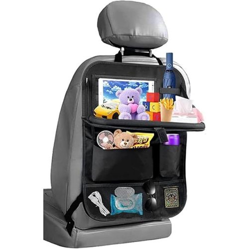 Car Back Seat Organizer with Foldable Food Tray, Hanging Car Seat Storage Organizer Bag with Tablet Holder, Kids Car Kick Mats Seat Back Protector for Travel (Black 1 Pack with Tray)