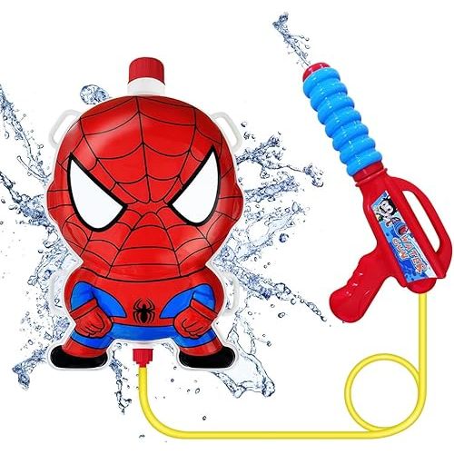 Backpack Water Gun for Kids, Superhero Squirt Gun, 1.3L Cartoon Summer Outdoor Toys with Adjustable Straps for Swimming Pool Backyard Beach Water Fight Game (Red)