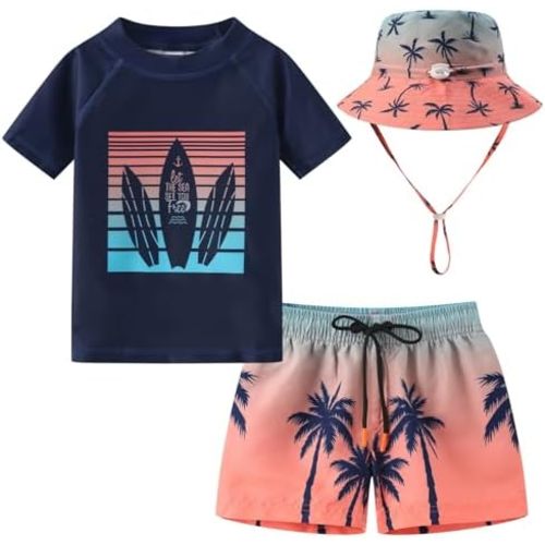 Toddlers and Baby Boys' 3-Piece Rashguard Sets Swimsuits Sets with Hat Surfing Swimwear Sunsuit UPF 50+