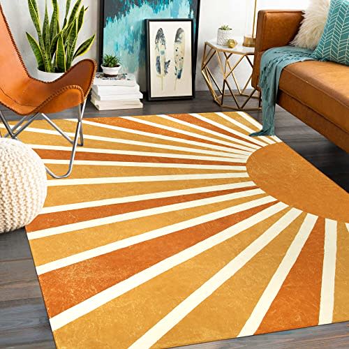 Lahome Boho Machine Washable Area Rugs - 6x9 Rug for Living Room Non-Slip Large Rug Lightweight Throw Soft Bedroom Carpet, Sun Print Abstract Ultra-Thin Indoor Rug for Classroom Nursery Dining Room