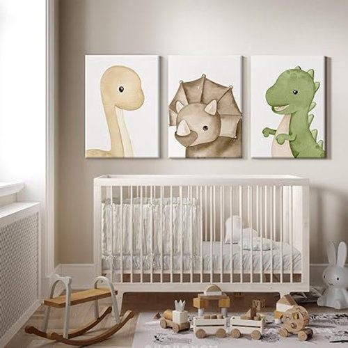 Zoomie Kids Dinosaur Wall Art Kids Room Canvas Wall Decor Dino Nursery Wall Art Pictures Baby Dinosaur Poster Prints For Bedroom Bathroom 12X16 Inch Framed Set Of 3 | Wayfair