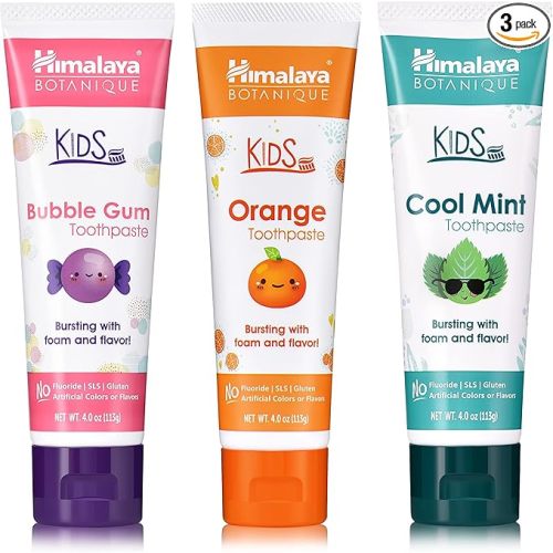 Himalaya Botanique Kids Toothpaste, Herbal, Cool Mint, Bubble Gum and Orange Flavor, Fights Plaque, Fluoride Free, No Artificial Flavors or Colors, SLS Free, Gluten Free, Vegan, 4 Oz, Variety 3 Pack…