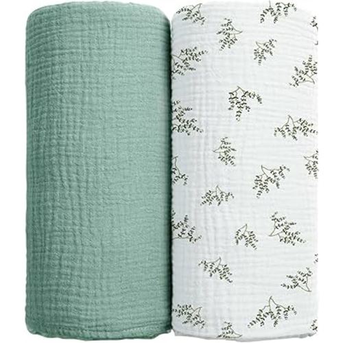 lulumoon Baby Muslin Swaddle Blankets: Soft Receiving Blanket for Newborn - Cotton Swaddling Blanket for Neutral 2Pack(Leaf Summer)