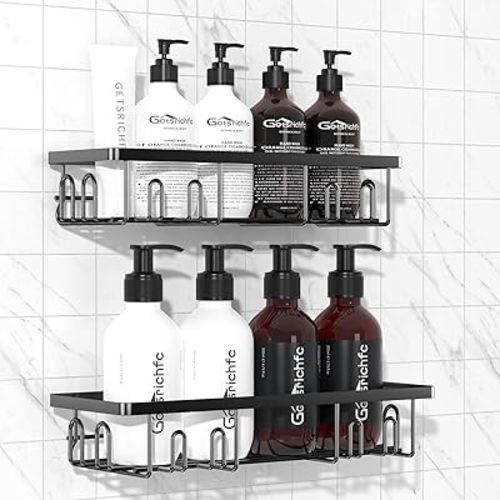 Adhesive Shower Caddy, Shower Shelves with 16 Hooks, Rustproof Shelf Wall Corner Racks for Inside Bath, No Drilling & Sleek Bathroom Organizers and Storage Caddies Soap Holder, 2 Pack