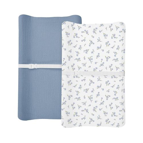 Changing Pad Cover for Baby Boy Girl 2 Pack, Muslin Changing Table Pad Covers with Boho Style, Neutral Nursery Bedding Essentials Soft and Breathable (Bluebell Bloom & Light Blue)