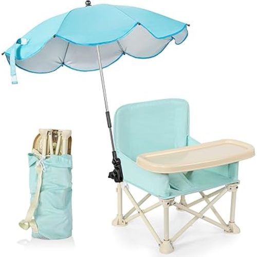 Suzile Baby Outdoor Beach Chair with Umbrella Travel Booster Seat with Tray Compact Baby Folding Chair Portable Booster Chair with Storage Bag, Backrest Pocket for Dining Table, Camping
