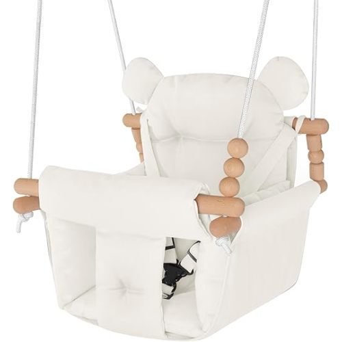 Baby Swing Indoor Outdoor, Secure Canvas Baby Swing, Toddler Swing Seat,Wooden Baby Hanging Swing for Infant,3-Point Adjustable Safety Harness,Mounting Hardware Included,Gift for Baby Boys Girls,White
