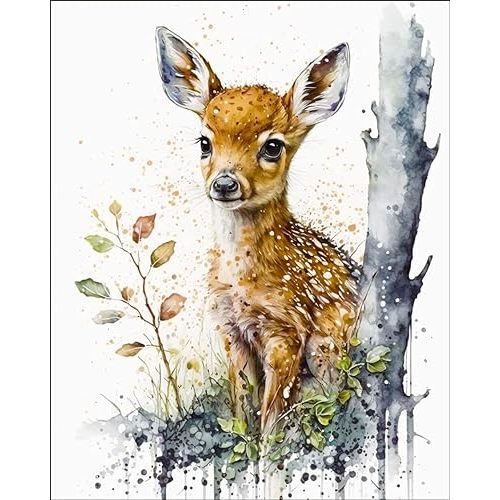 7Dots Art. Baby Animals with a tree. Watercolor Art Print, playroom, and bathroom. Wall art decoration. Unframed. (baby deer)