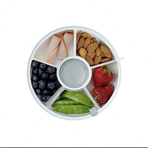 GoBe Kids Small Snack Spinner Flip Bundle with Hand Strap and Sticker Sheet - Reusable Snack Container with 5 Compartment Dispenser and Lid | BPA/PVC Free | Dishwasher Safe | No Spill- GoBe Grey