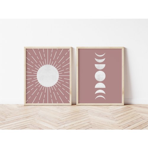 Dusty Pink Moon Phase Decor, Nursery Wall Art, Mauve Print, Boho Wall Art, Mid Century Printable, Modern Sun, Set of 2, Neutral Colors