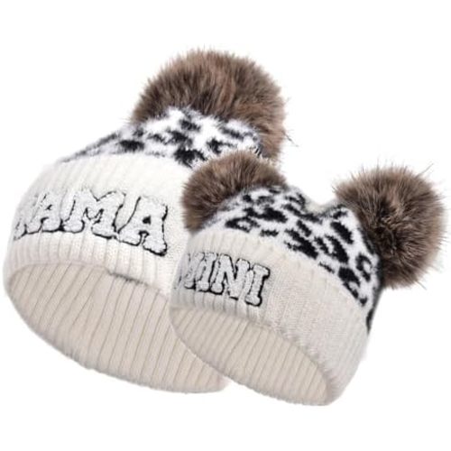 2PCS Parent-Child Beanie Hat Mama and MINI Embroidery Knitted Hat Winter Warm Cuffed Ski Cap with Pom Pom