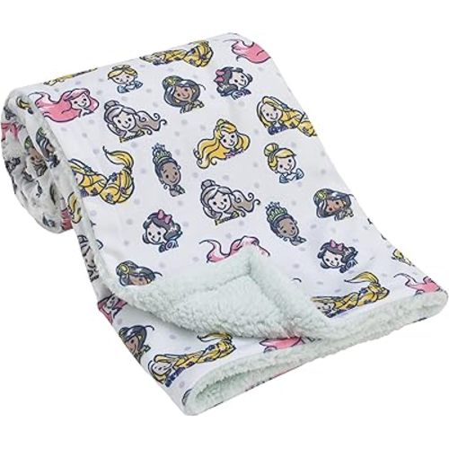 Disney Princess White, Pink, Yellow, and Lavender Dot Super Soft Baby Blanket with Sherpa Back