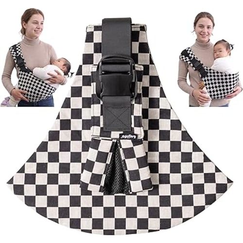 Baby Sling Carrier, Premium Cotton Blend Baby Carrier for Toddlers, Adjustable & Breathable Toddler Carrier with Ventilated Straps, Lightweight & Travel-Friendly Design (Ebony Check)