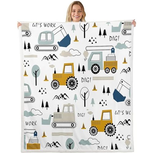 Cartoon Car Kids Fleece Throw Blanket Construction Sherpa Plush Throw 50"x60" - Trucks, Excavator, Tractor - White, Yellow