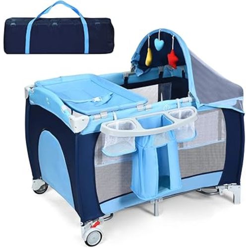 HONEY JOY Pack and Play with Bassinet, 4-in-1 Portable Baby Playard w/Changing Table, Net & Cute Toys, Diaper Storage Bag, Music Box, Wheels with Brake, Foldable Newborn Play Yard w/Carry Bag(Blue)
