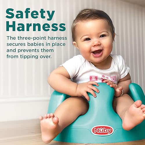 Nuby My Floor Seat - Portable Baby Chair with Soft Foam Cushion, Safety Harness, and High Back Design - 4+ Months - Aqua