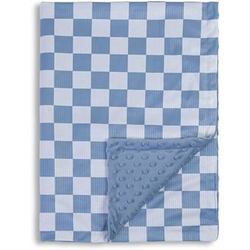 Checkered Baby Blanket for Boys Soft Blankets with 3D Waffle Blanket, Warmer Comfort Reversible Lightweight Bed Blanket for Toddlers Infant or Newborn 28 x 40 Inch (Bluish Grey)