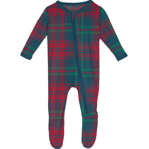 Print Footie with 2 Way Zipper in Peacock Plaid