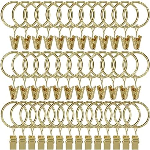 40 Pack Gold Curtain Rings with Clips, Curtain Hooks Hangers Clip Rings for Hanging Drapes Bows Hat, Drapery Rings 1.26 in I D, Fits up to 1 in Diameter Curtain Rod.